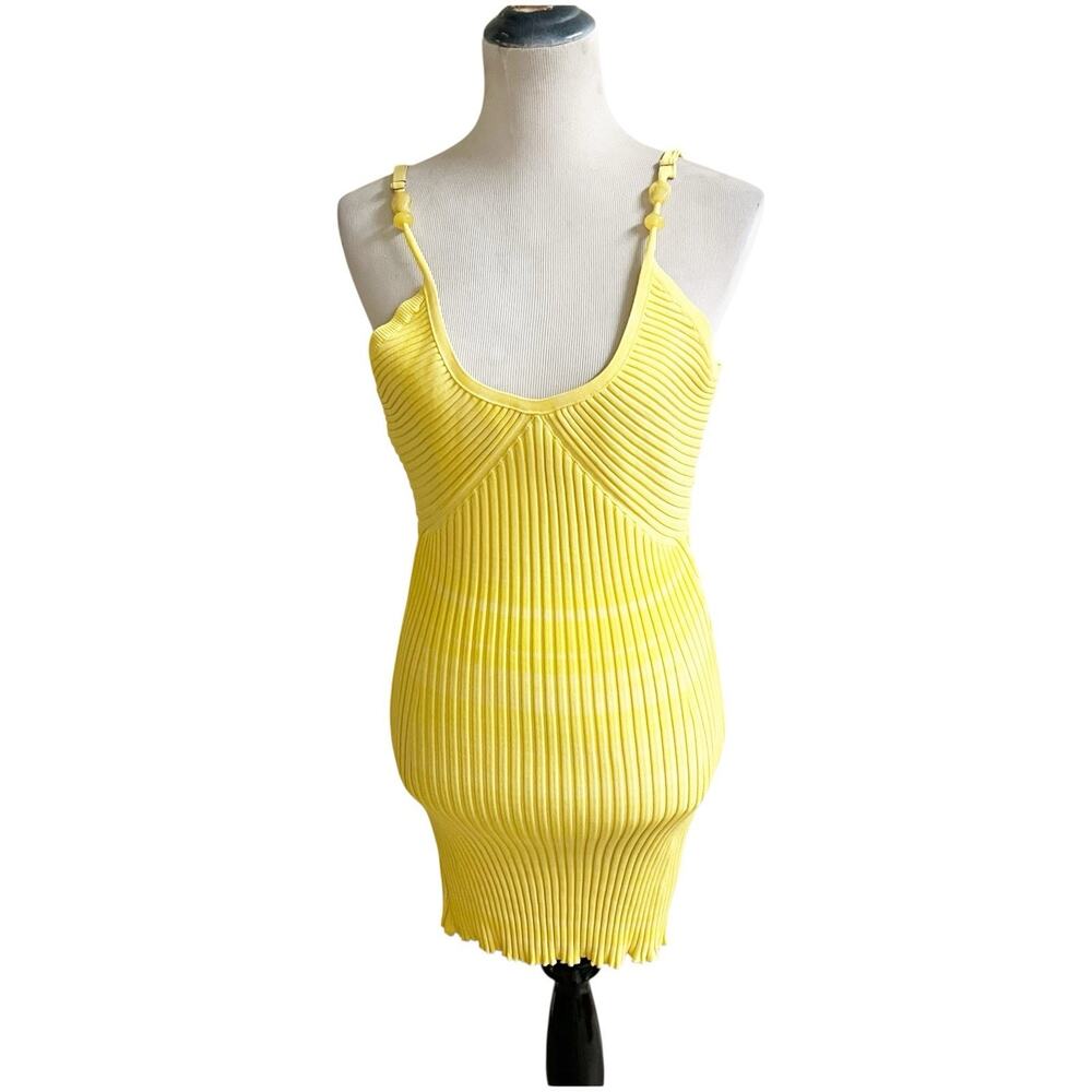 House Of Harlow 1960 Stretch Bodycon Midi Dress Yellow Beaded Shoulder Large - Picture 6 of 12